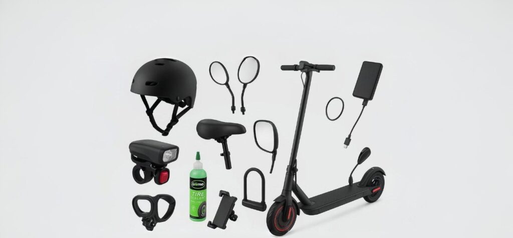 Collection of essential e scooter accessories including helmet, mirrors, suspension seat, headlights, tire sealant, phone holder, lock, and portable charger displayed with an electric scooter