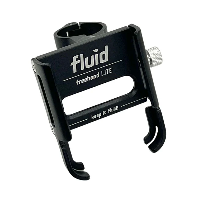 Black Fluid Freehand Lite phone holder, a sturdy and adjustable mount designed for e scooters, perfect for keeping your smartphone secure while riding; an essential e scooter accessory.
