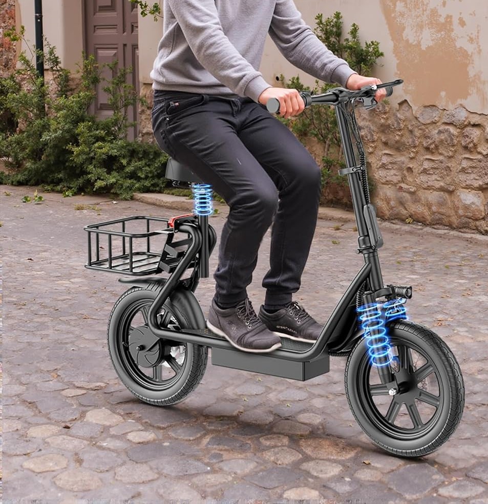 A man rides a seated electric scooter with visible front and rear suspension on a cobblestone path. This design highlights comfort and utility.