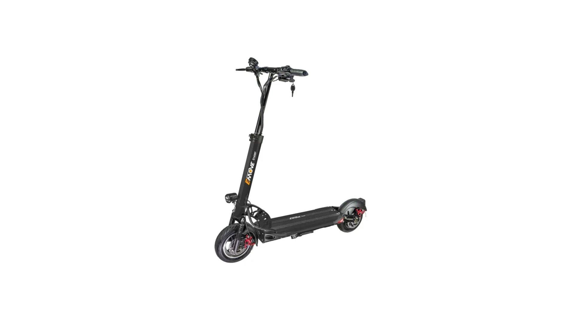 The EMOVE Cruiser electric scooter in black, designed for long-range rides with a powerful motor, large deck, and durable frame.