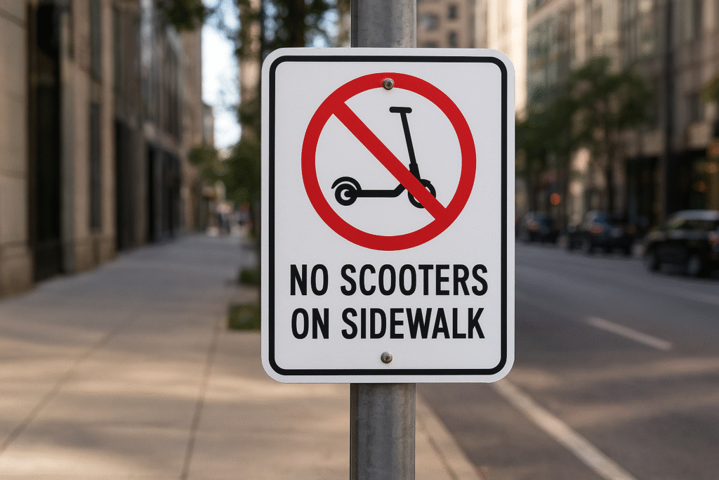 A street sign mounted on a pole reads "No Scooters on Sidewalk" with an image of a scooter inside a red circle with a diagonal line through it. The sign indicates that riding e-scooters on sidewalks is prohibited. It is placed along a city sidewalk with tall buildings and cars in the background.
