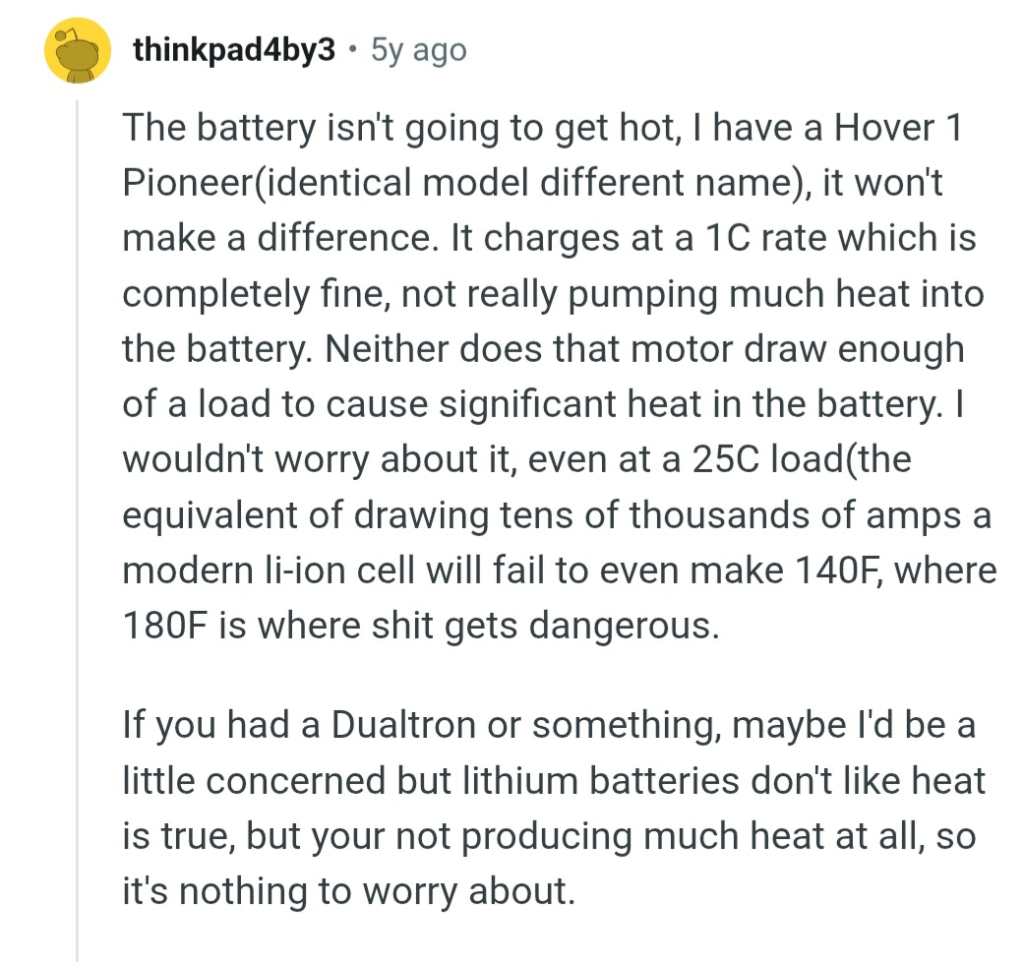 "User discussing the battery safety and heat management of the Hover-1 electric scooter, specifically the Pioneer model, reassuring about low heat risk."