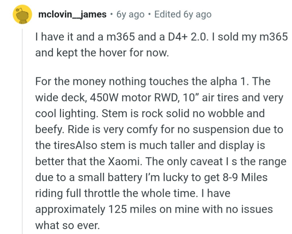 User review comparing Hover-1 electric scooter Alpha 1 to other models like Xiaomi m365 and D4+ 2.0, praising its build, comfort, and performance.