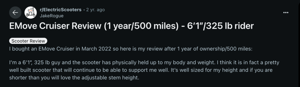 A detailed Emove Cruiser review from a 6’1”, 325 lb rider after 500 miles, praising the scooter’s durability, adjustable stem, and strong weight support.