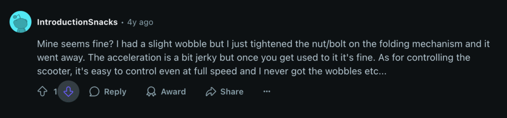 A user shares their experience fixing a slight wobble on the Emove Cruiser by tightening the folding mechanism, noting stable control at full speed.