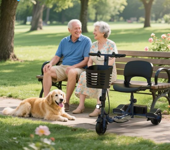 Elderly couple relaxing in a park beside a compact e-scooter, highlighting comfort, independence, and easy outdoor use.