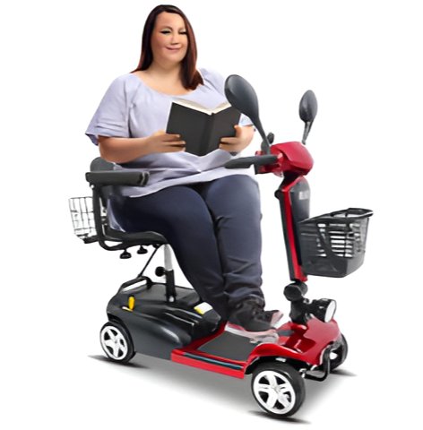 A woman sitting comfortably on an e-scooter while reading a book, featuring a padded seat, armrests, and a front basket.