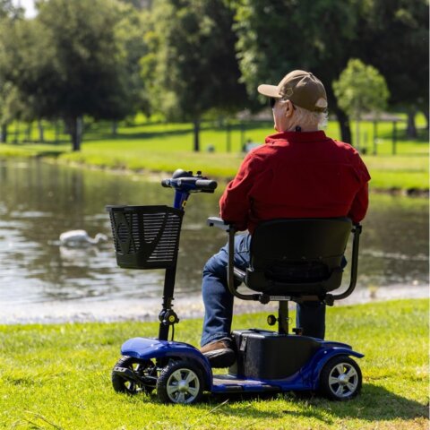 An older adult riding an e-scooter near a calm lakeside park, with grass, trees, and water in the background.