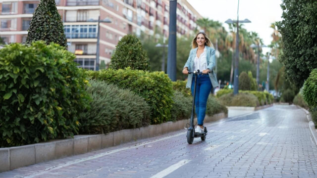 A woman riding an electric mobility scooter along a paved urban pathway lined with greenery and apartment buildings.