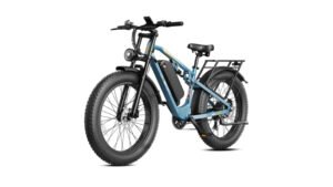 Jasion EB5 Ultra E-Bike with a teal frame, fat tires, front suspension, integrated battery, and rear cargo rack.