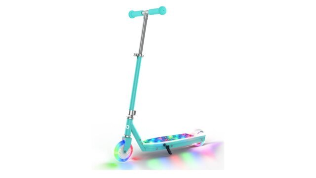 Gyroor KS2 Kids Electric Scooter in turquoise with colorful LED lights on the wheels and deck