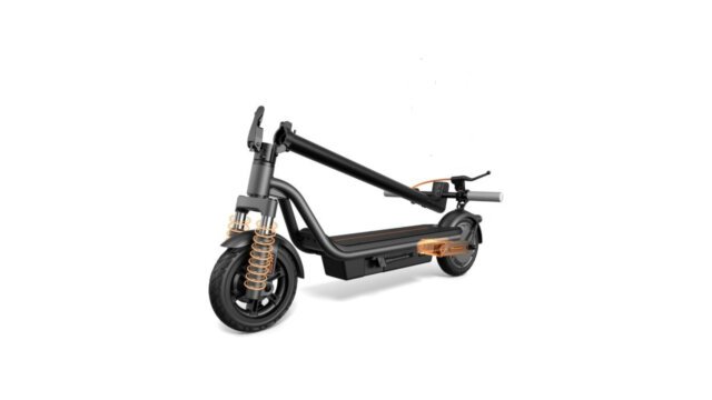 MEGAWHEELS M1 Electric Scooter with a black frame, front suspension, wide deck, and compact wheels.